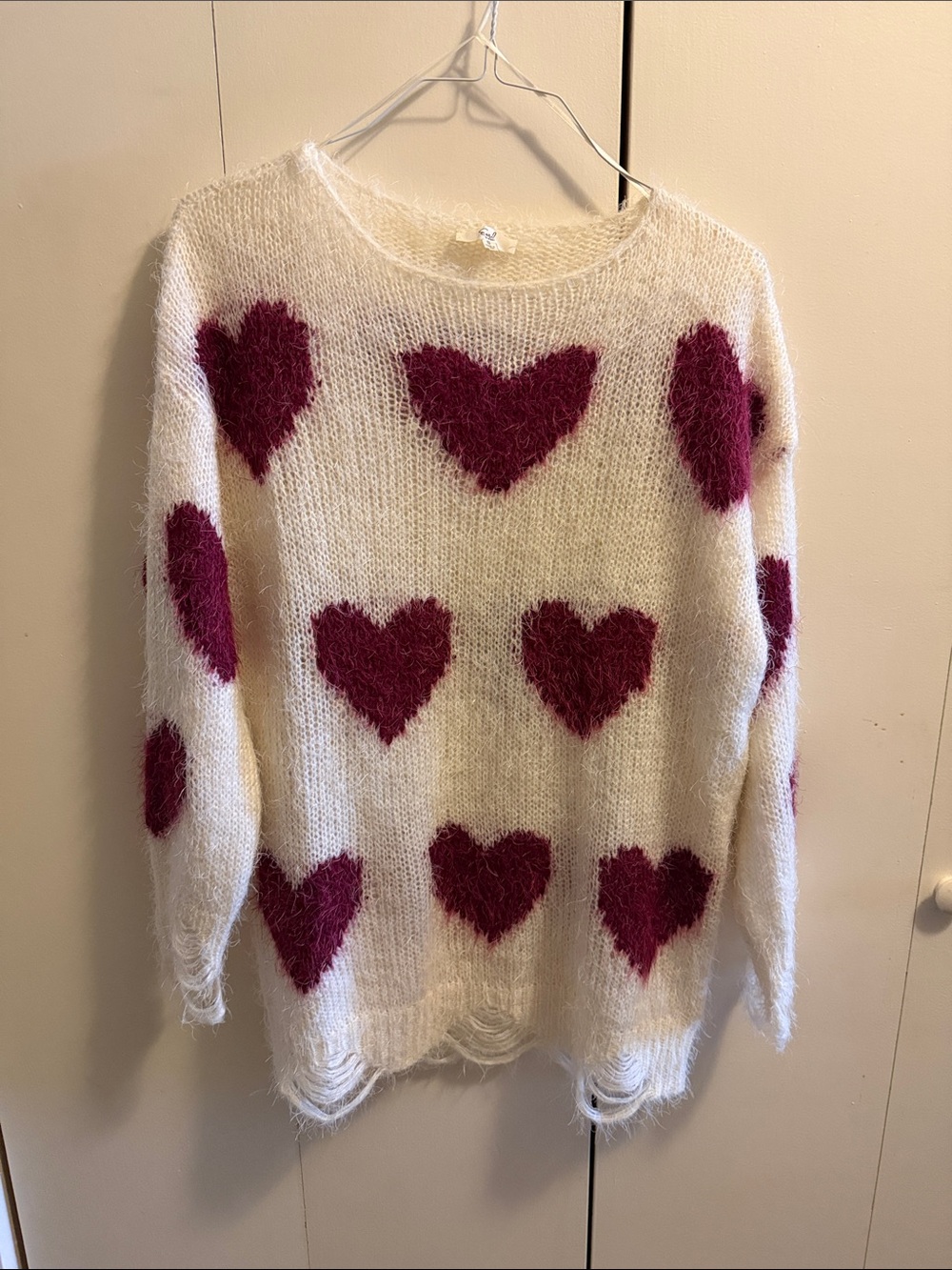 Cozy White / Cream Heart-Print Sweater - Cream with Burgundy Hearts